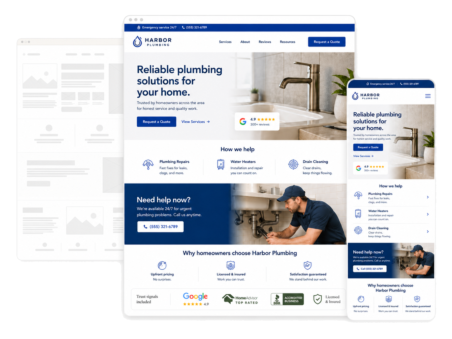 Approved wireframe, live desktop site, and live mobile site shown together