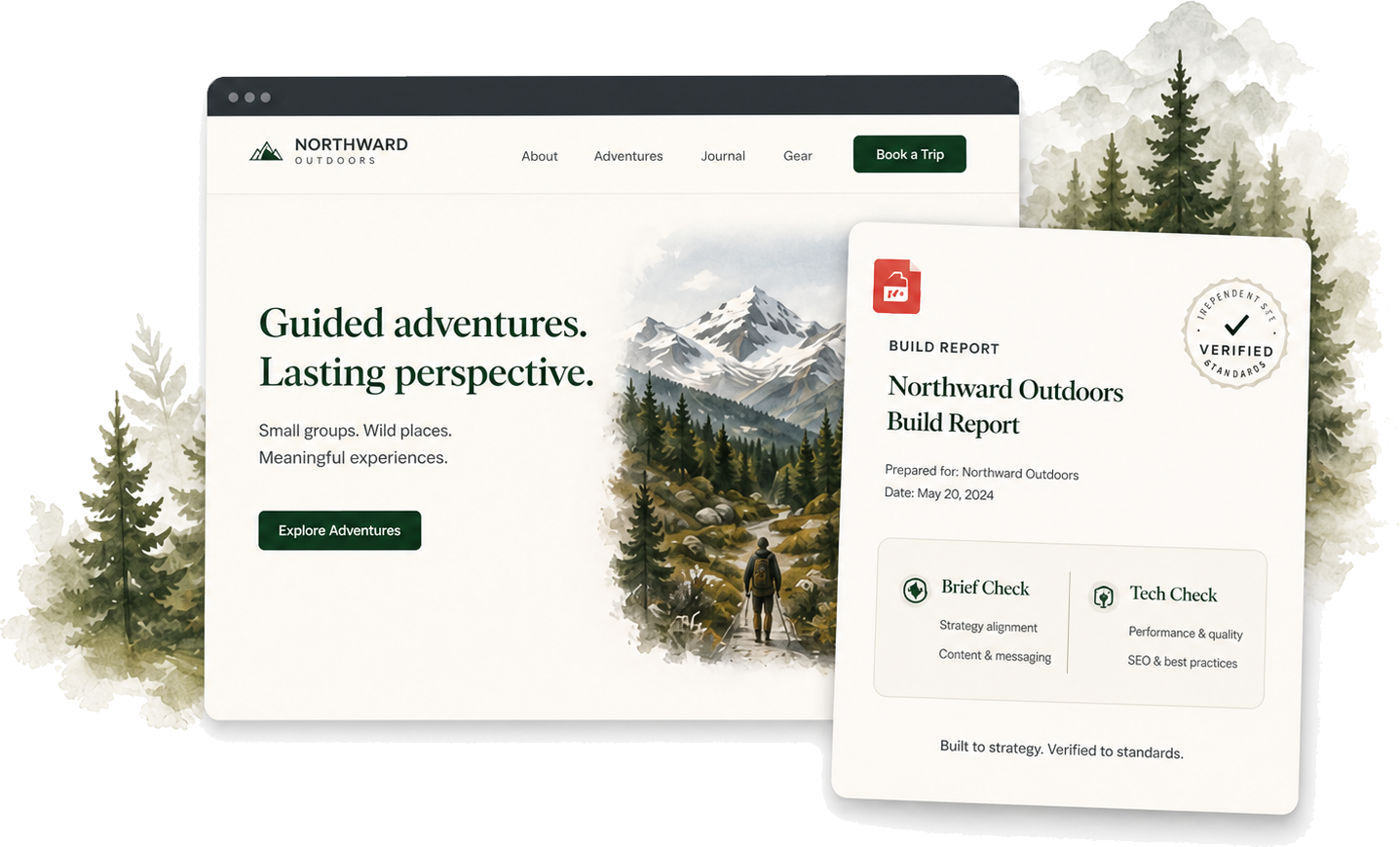 Live website mockup with build report card and verified seal