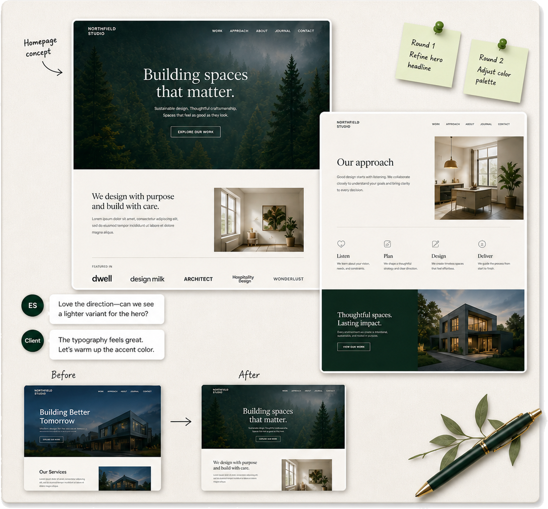 Design preview collage showing homepage concept, approach page, before/after iterations, and client feedback notes