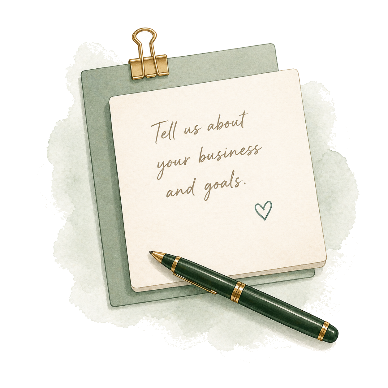 Watercolor illustration of a notepad and fountain pen