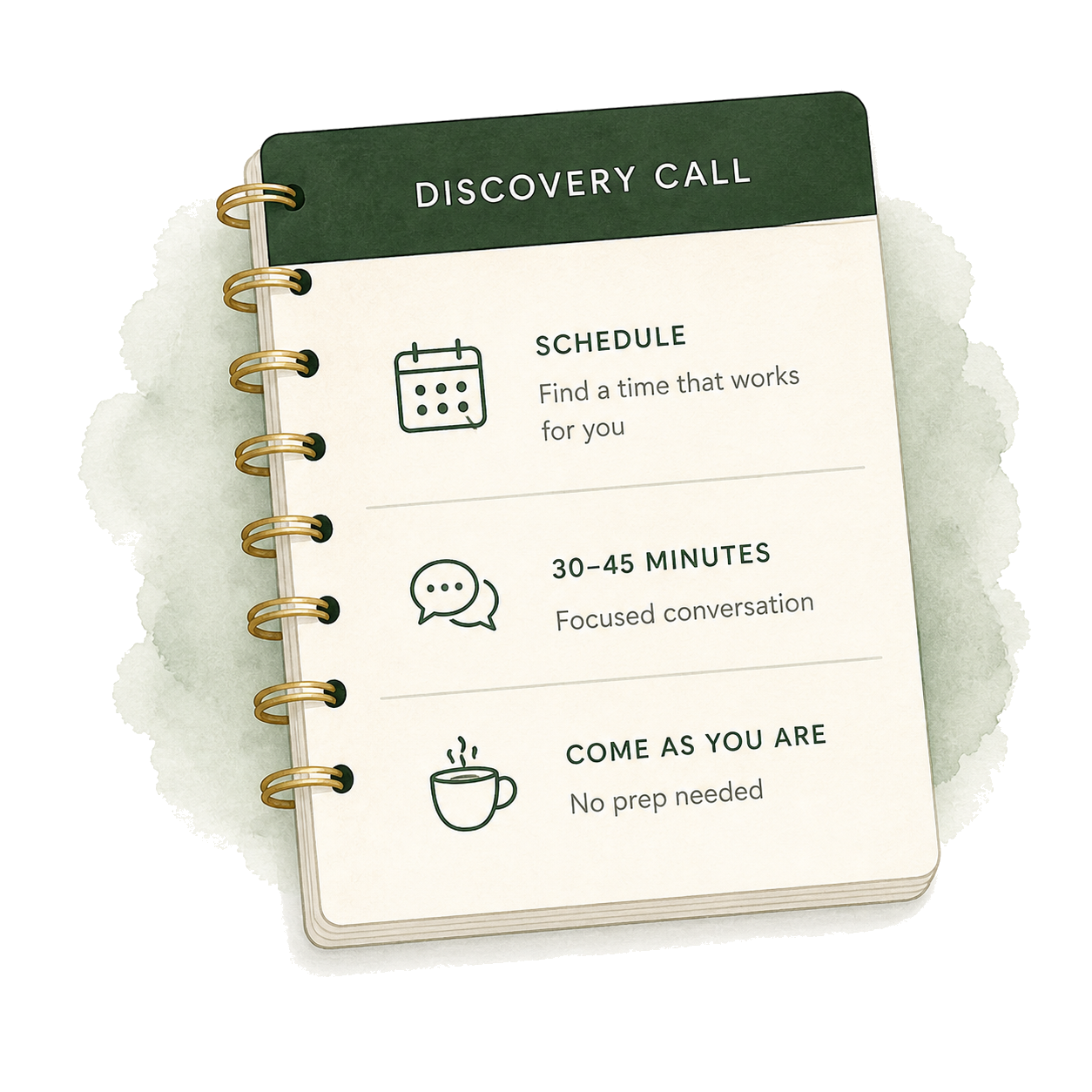 Watercolor illustration of a spiral notebook with discovery call details