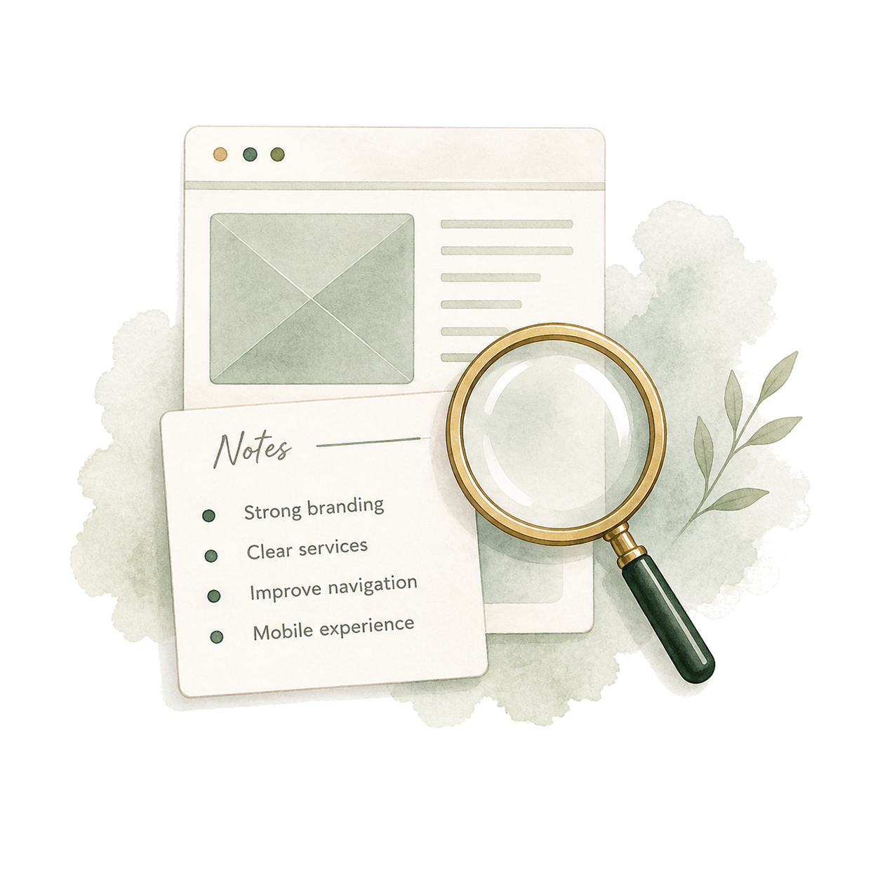 Watercolor illustration of a browser window inspected with a magnifying glass