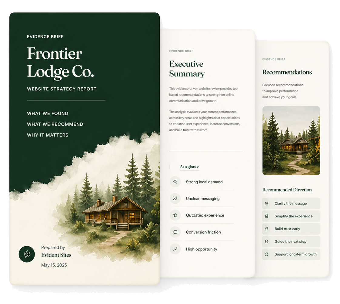 Frontier Lodge Co. Evidence Brief showing cover, executive summary, and recommendations pages