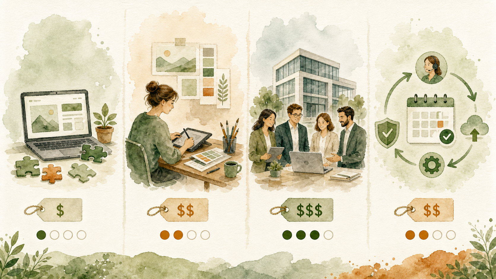 Illustration comparing four website paths: DIY builder with laptop and puzzle pieces, freelancer at a design desk, agency team in an office, and managed subscription with calendar and support cycle