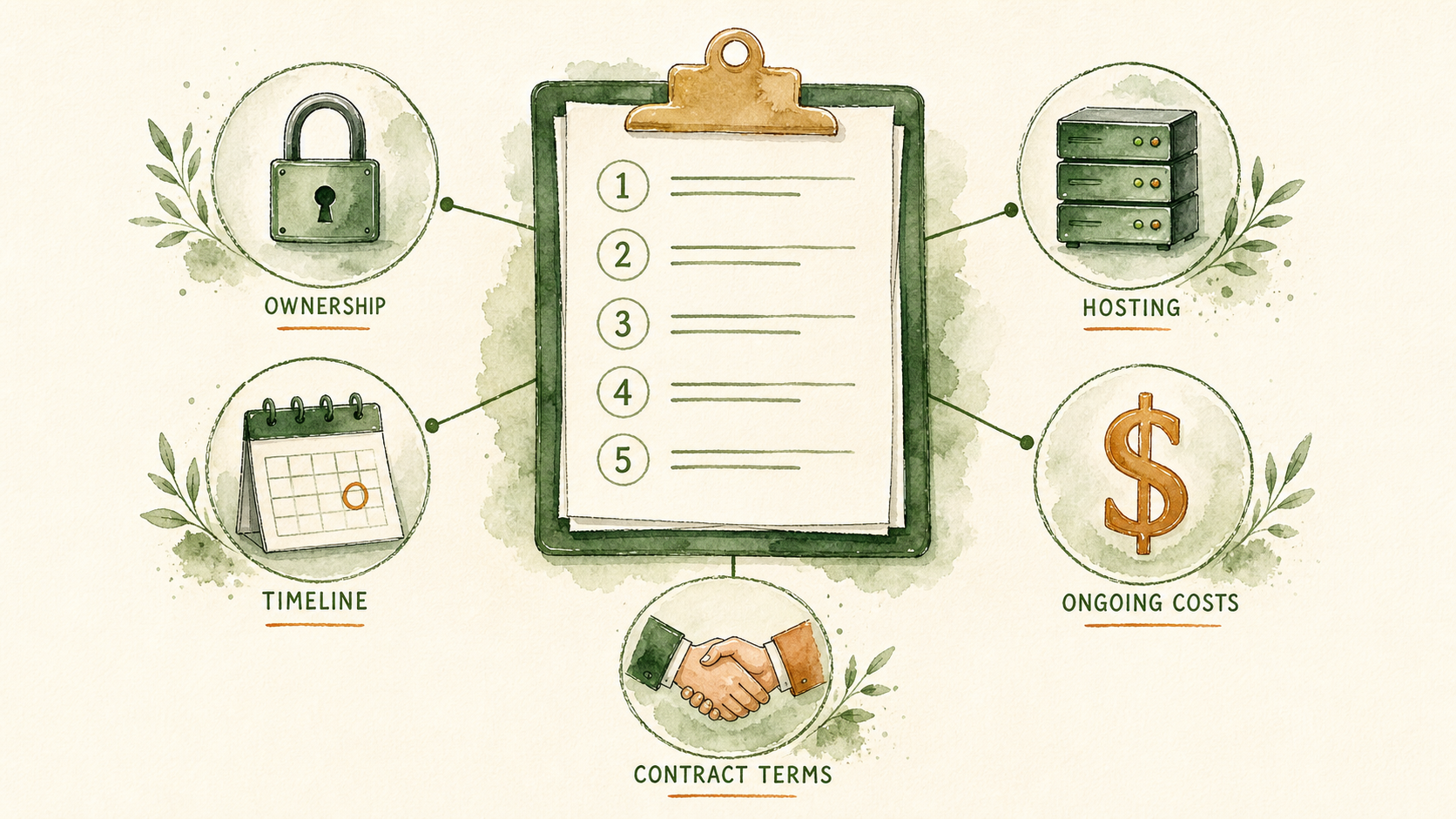 Watercolor illustration of a business owner evaluating website designs, with a notepad of questions, laptop showing web layouts, and design tools