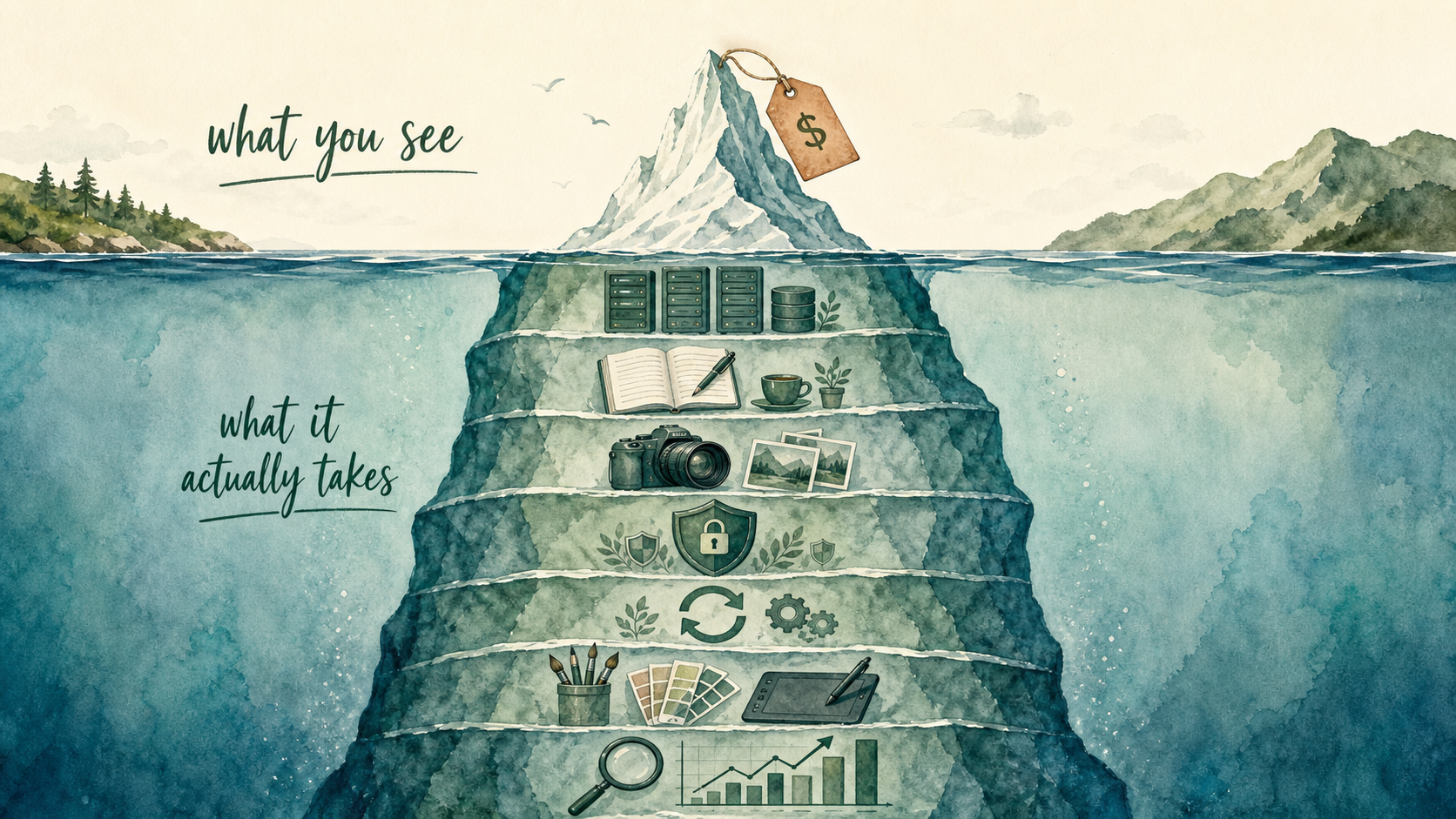 Illustration comparing a ninety-nine dollar price tag with the actual hidden costs of building and maintaining a business website