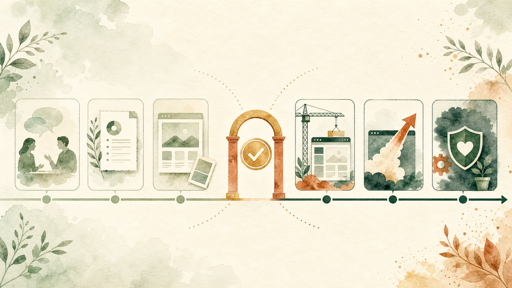 Watercolor illustration of a website approval checkpoint with a review stamp and billing gate