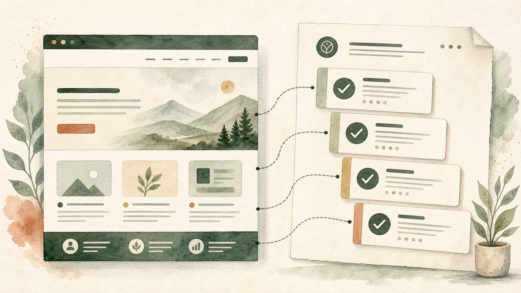 Watercolor illustration of a finished website alongside a Build Report document with verification check cards for strategy, standards, launch readiness, and handoff