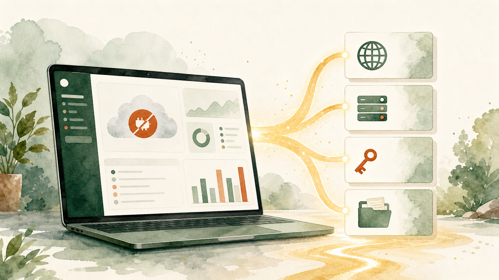 Illustration of a website access checklist showing domain, hosting, content, and analytics recovery items.