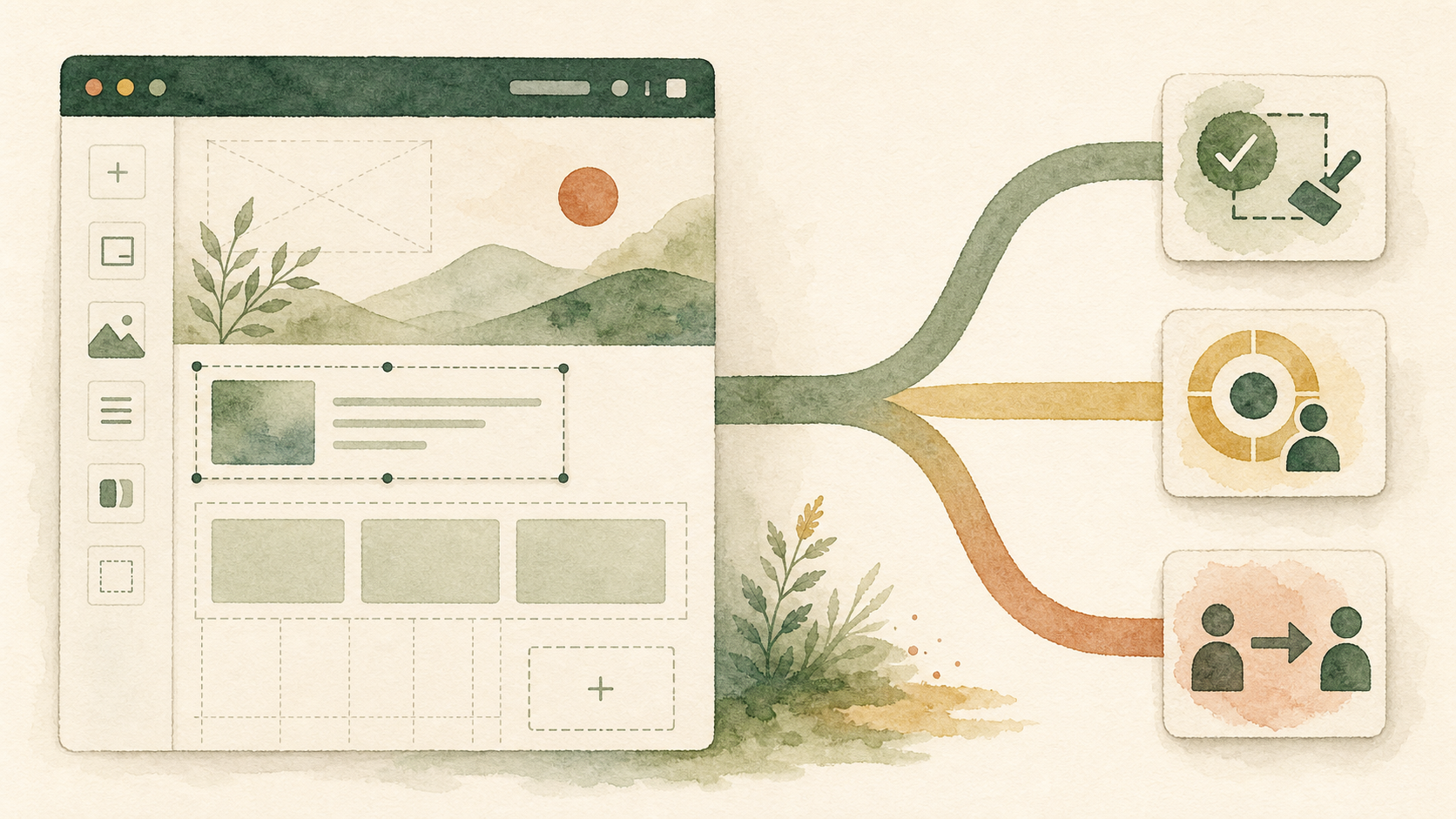 Illustration of a half-built DIY website builder canvas on one side and a calm decision path on the other showing options to keep going, get targeted help, or hand it off