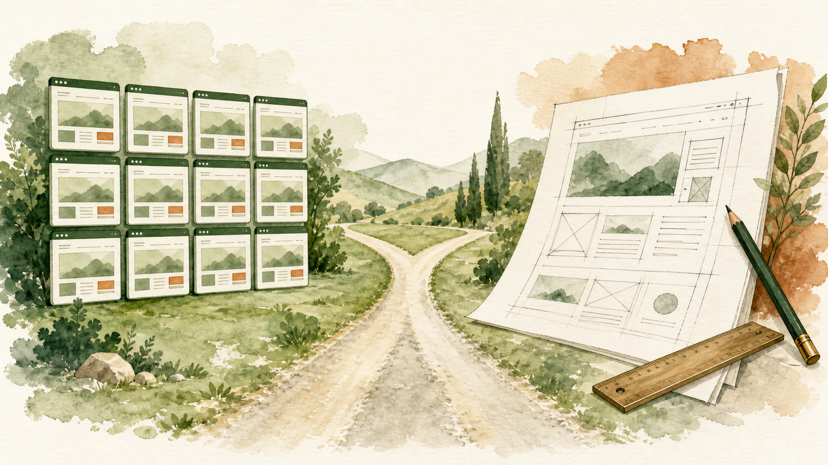 Watercolor illustration showing a forked path — identical website templates on one side and a custom architectural blueprint on the other