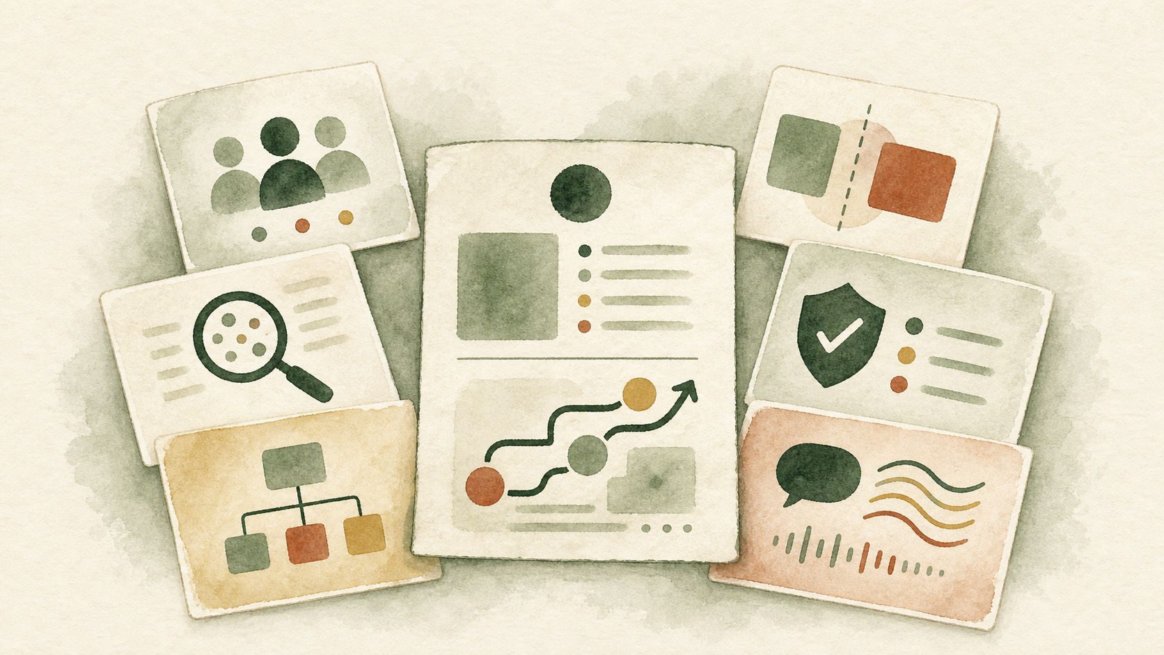 Watercolor illustration of a strategy document with six evidence cards representing customer personas, search behavior, competitor positioning, trust signals, site structure, and voice and tone