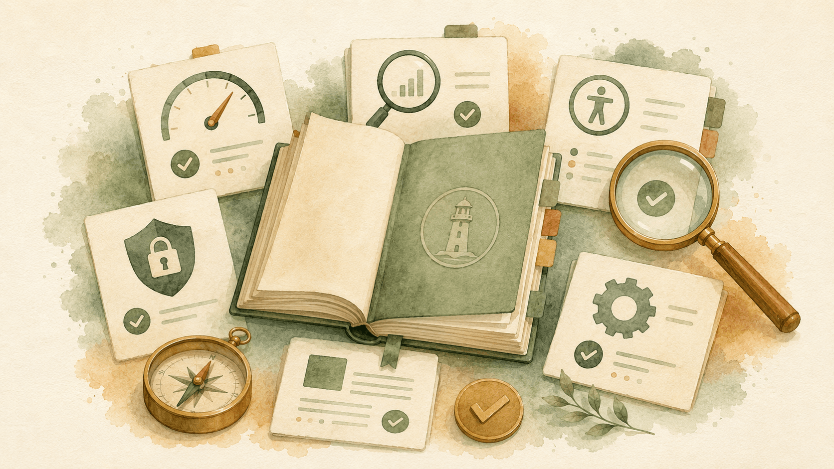 Open Website Evidence Handbook surrounded by cards representing speed, search, accessibility, security, content and technical upkeep.