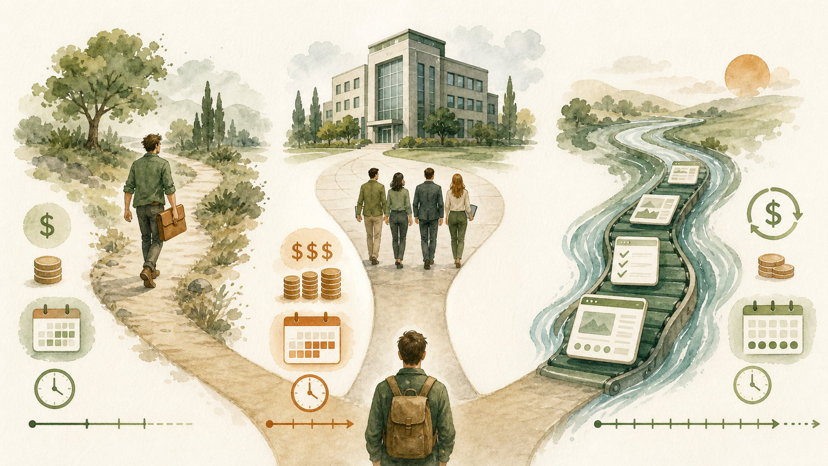 Watercolor illustration of a business owner contemplating three storefronts — a solo freelancer's office, a busy agency, and a subscription service with recurring calendar
