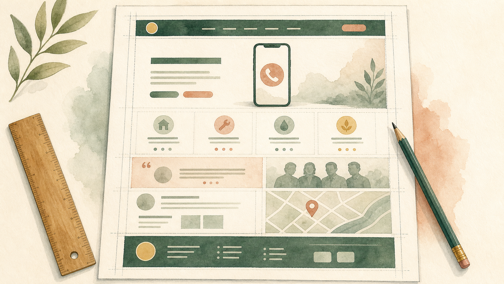 Illustration of a service-business homepage anatomy shown as layered section cards: hero, service overview, trust proof, process, FAQ, final CTA.