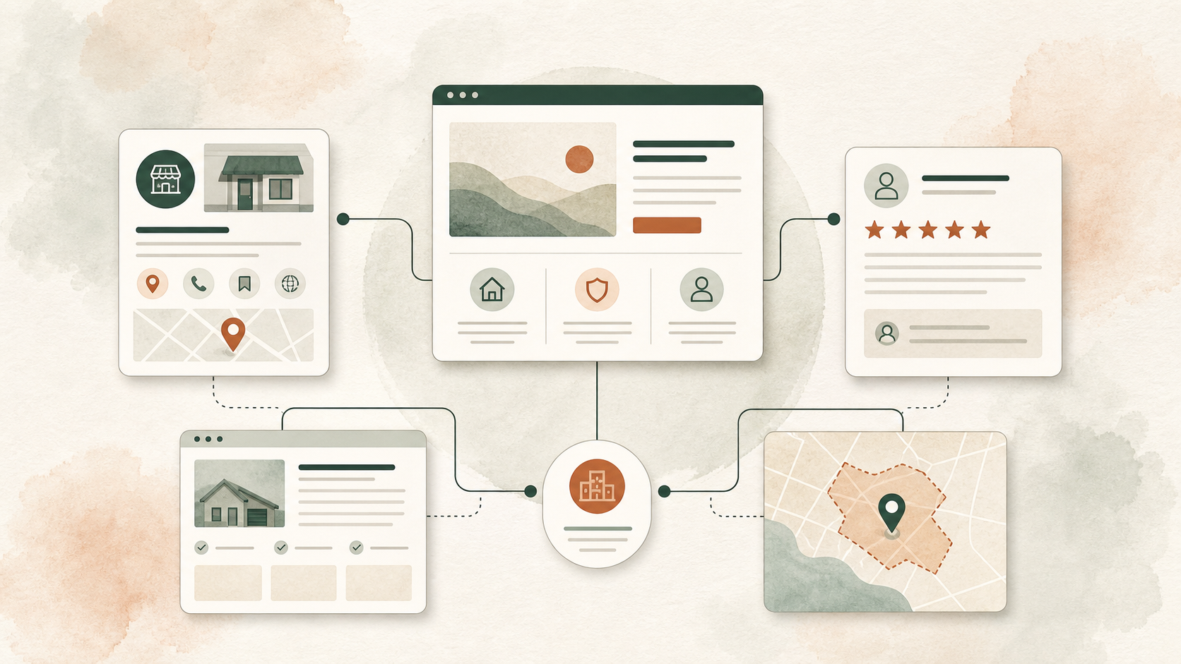 Local search ecosystem showing a website card, Google Business Profile card, review card, service page card, and service-area map card connected by clean lines