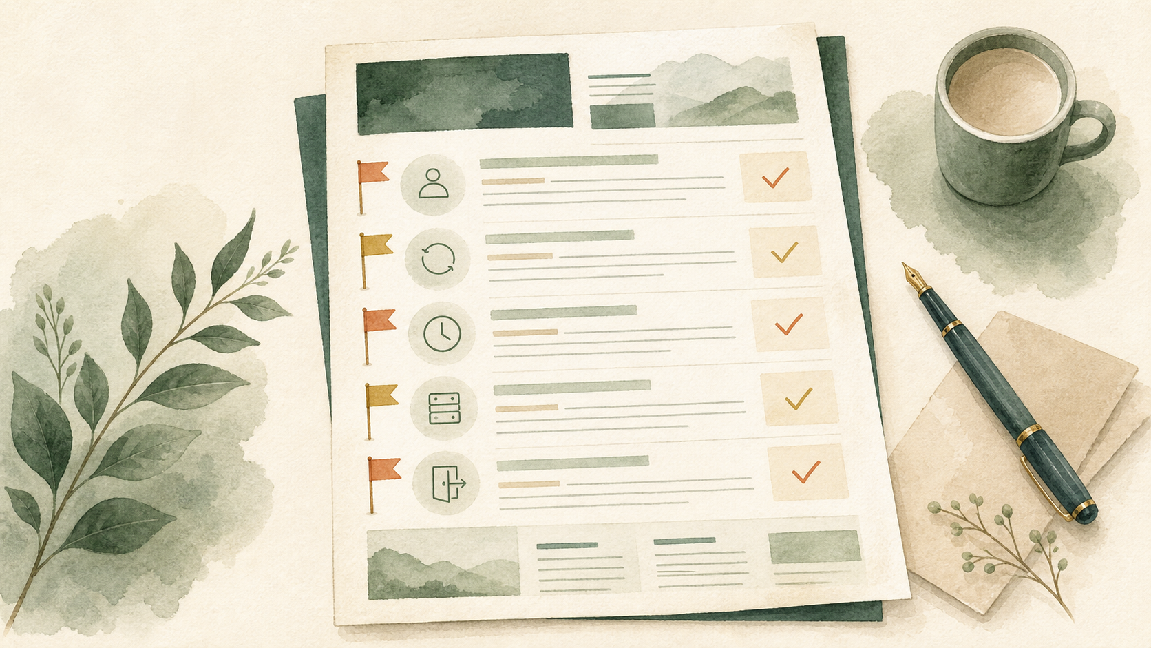 Illustration of a website proposal with checklist markers for ownership, updates, hosting, timeline, and exit terms