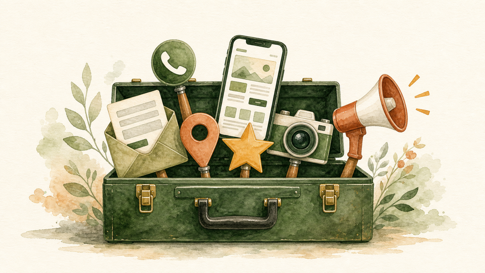 Watercolor illustration of a toolkit briefcase containing essential service business website elements — phone, map pin, star review, camera, megaphone, and mobile site