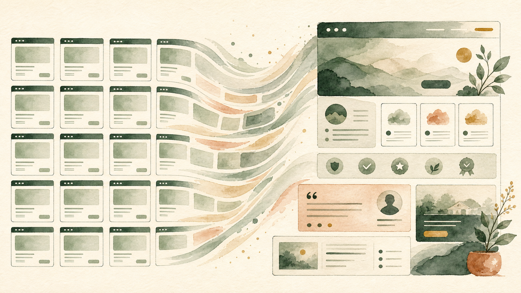 Watercolor illustration of a template grid on the left transforming into a custom service-business website structure on the right, with clean UI cards for services, trust, CTA, and proof