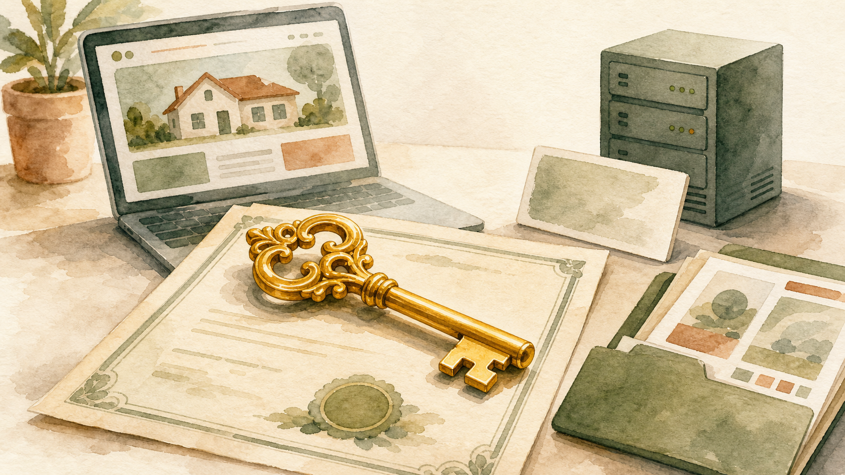 Watercolor illustration of a business owner examining documents and digital accounts representing domain, hosting, content, and design ownership