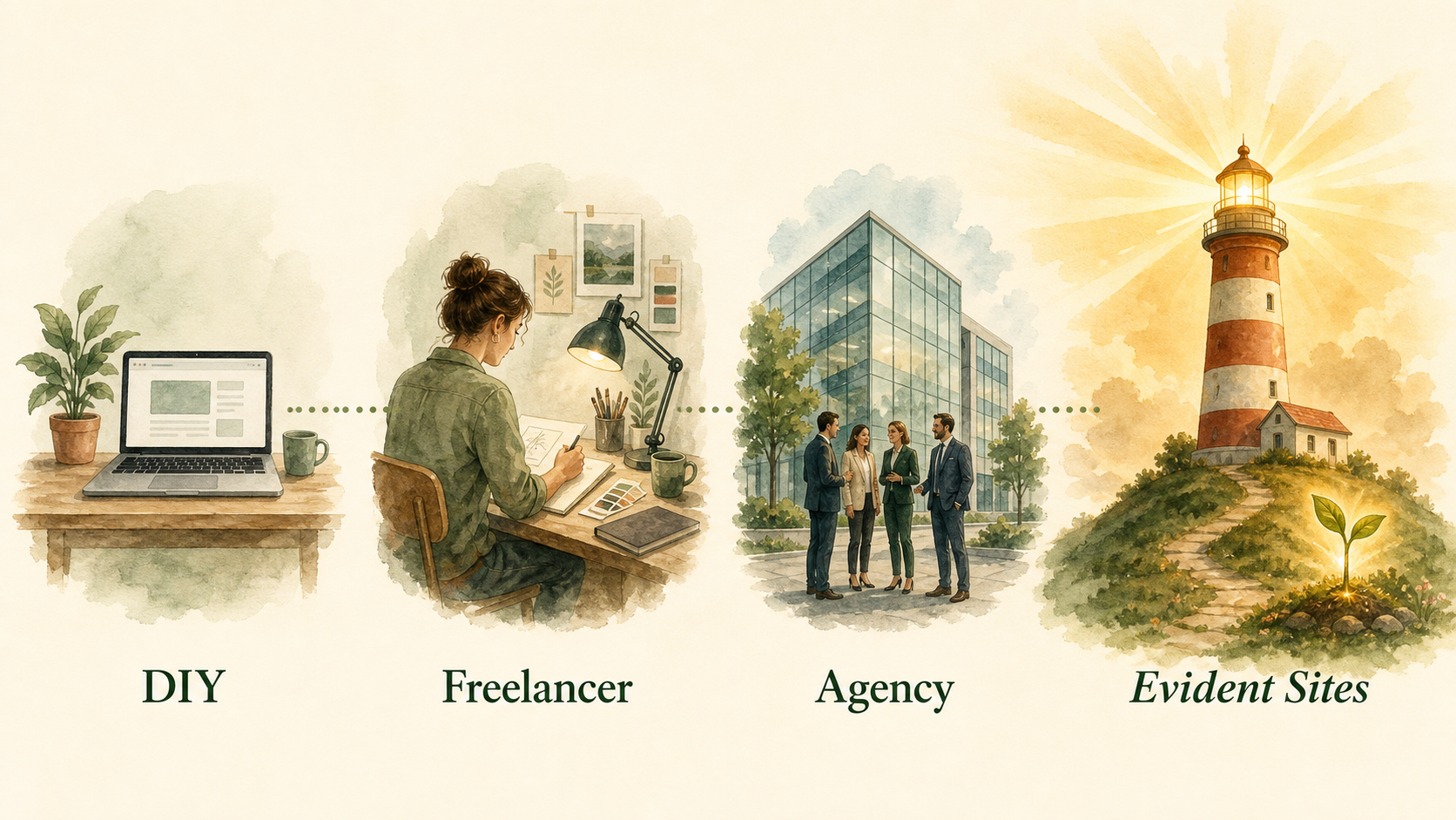 Positioning map showing Evident Sites between freelancer and agency on a spectrum from DIY to full-service agency, highlighted as the professional sweet spot