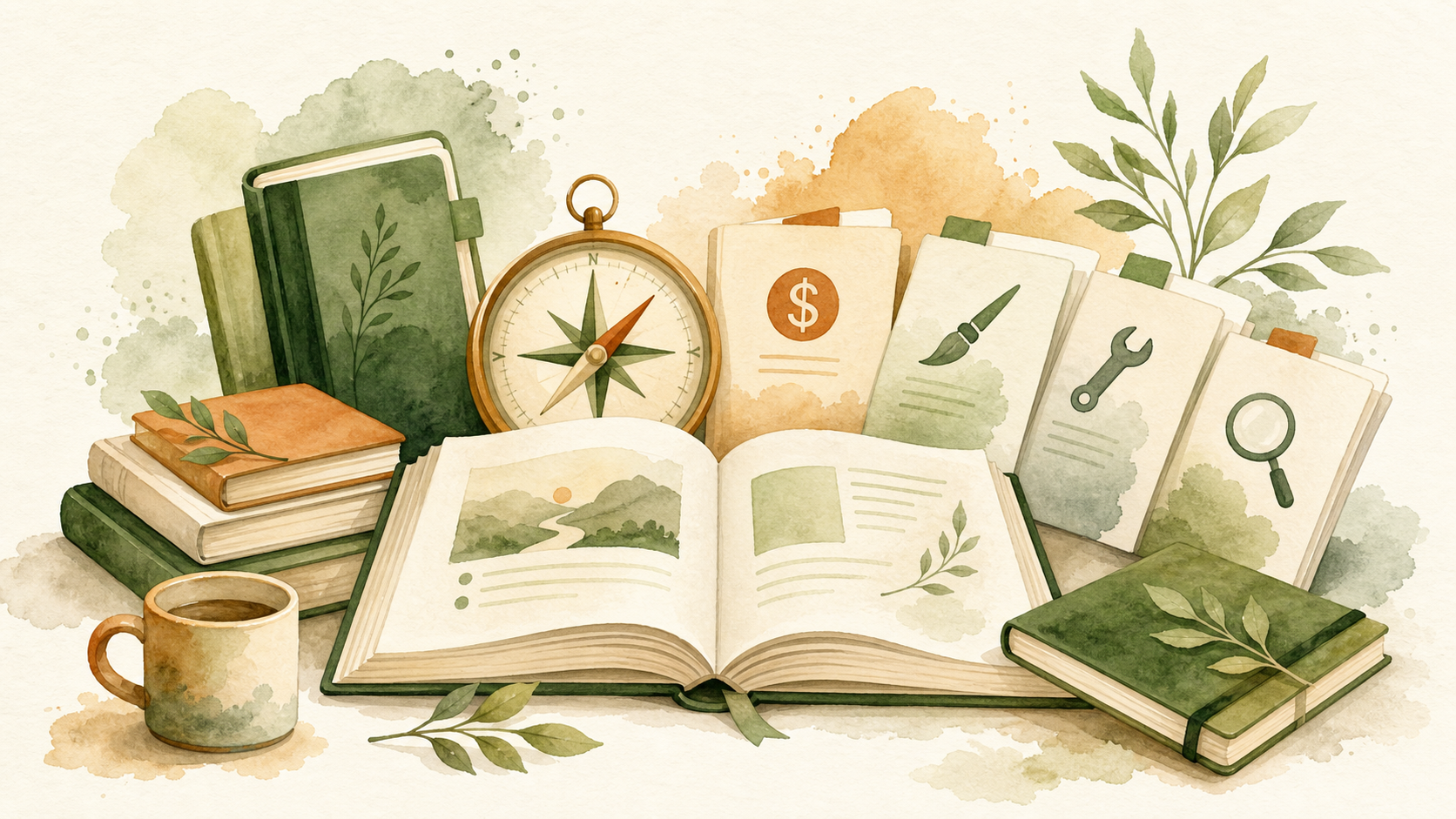 Watercolor illustration of open books, a compass, and guide cards representing website knowledge resources