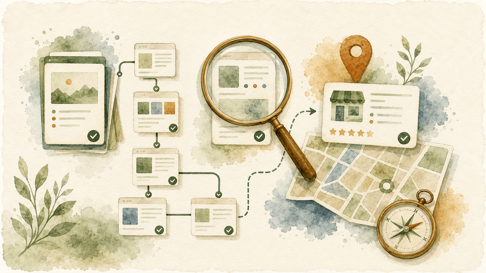 Website pages connected through a sitemap to search, location and business-listing evidence.