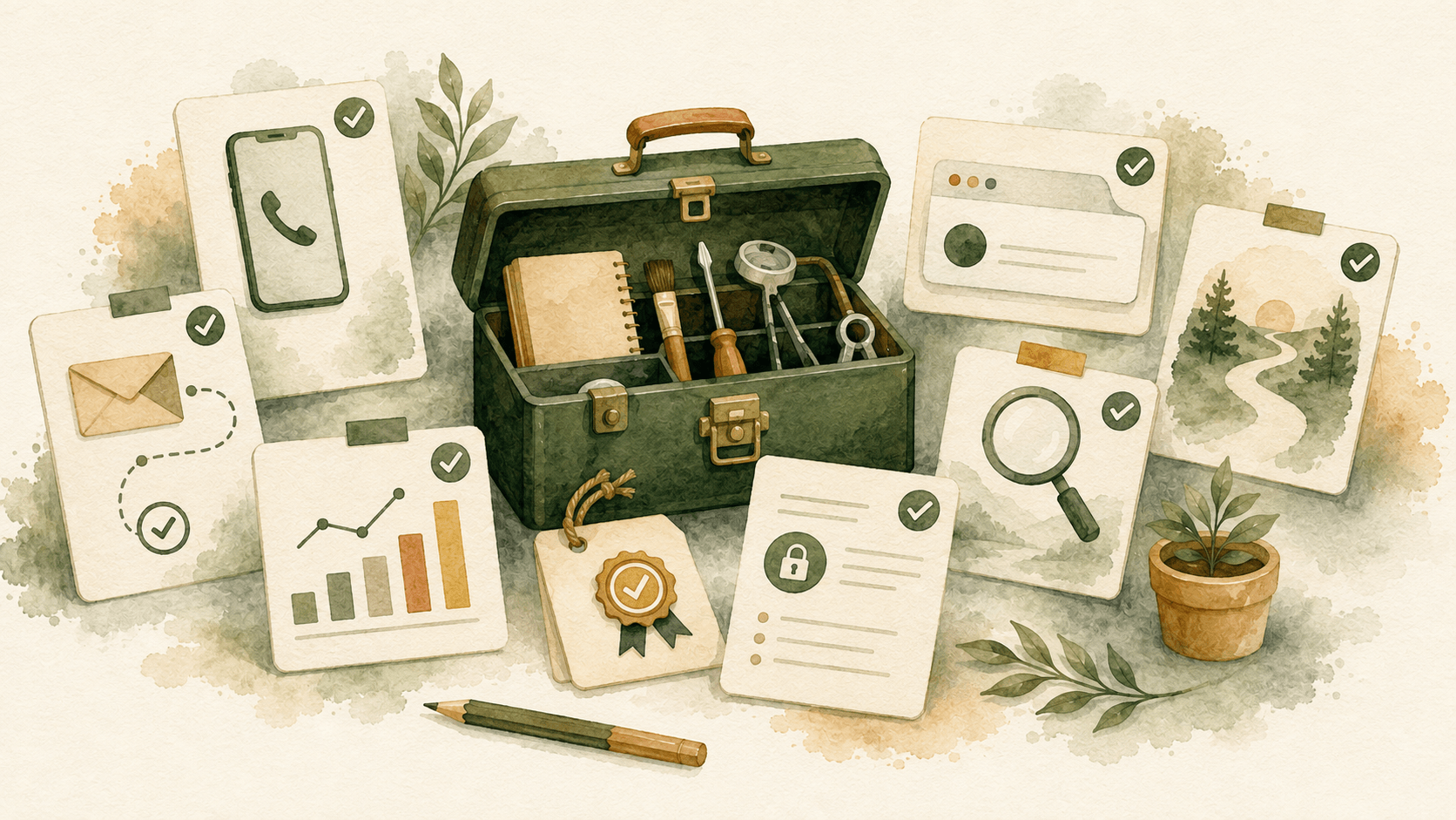 A website maintenance toolkit surrounded by contact, analytics, privacy, license and error-recovery checks.