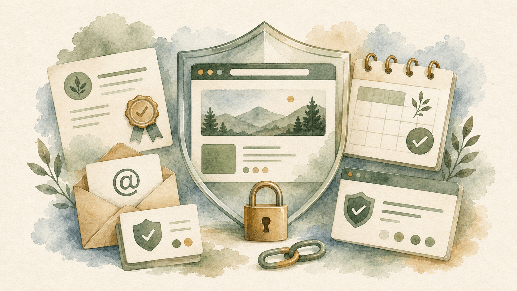 A protected website surrounded by certificate, domain-renewal and authenticated-email evidence.