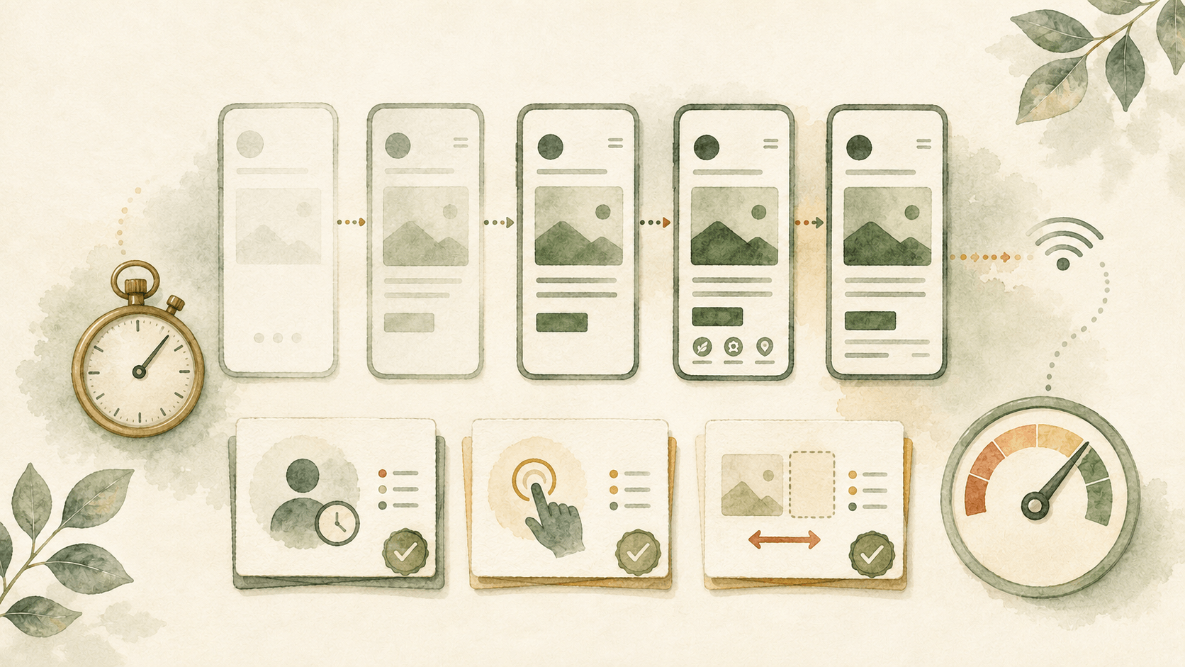 A website appearing in stages on mobile, with evidence cards for loading speed, tap response and page stability.