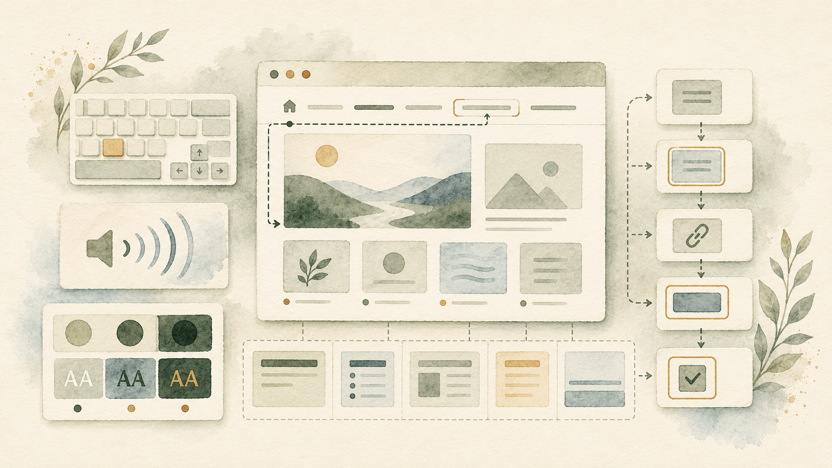 A website navigated by keyboard with visible focus, page landmarks, readable contrast and screen-reader support.