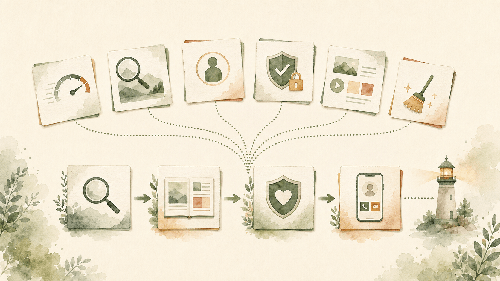 Six evidence families combine into the customer journey from discovery and understanding to trust and action.