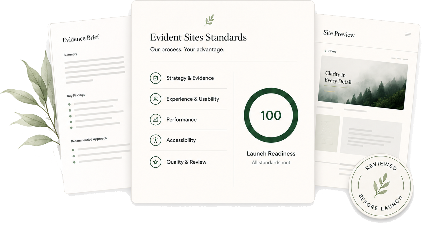 Evident Sites Standards: Evidence Brief, Standards checklist with 100 launch readiness, and site preview