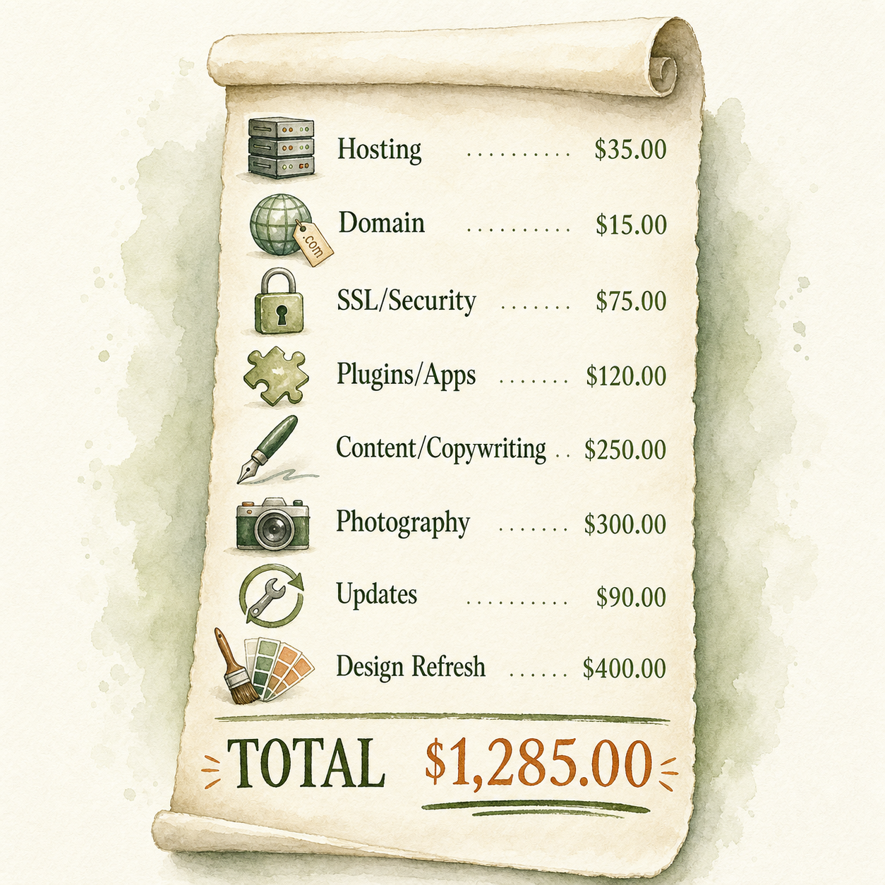 Illustrated receipt listing hidden website costs: hosting, domain, SSL/security, plugins/apps, content/copywriting, photography, updates, and design refresh, totaling significant annual expenses