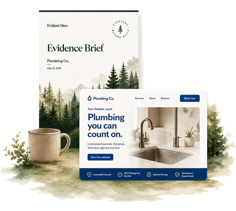 Evidence Brief document layered with a website mockup, surrounded by watercolor pine trees