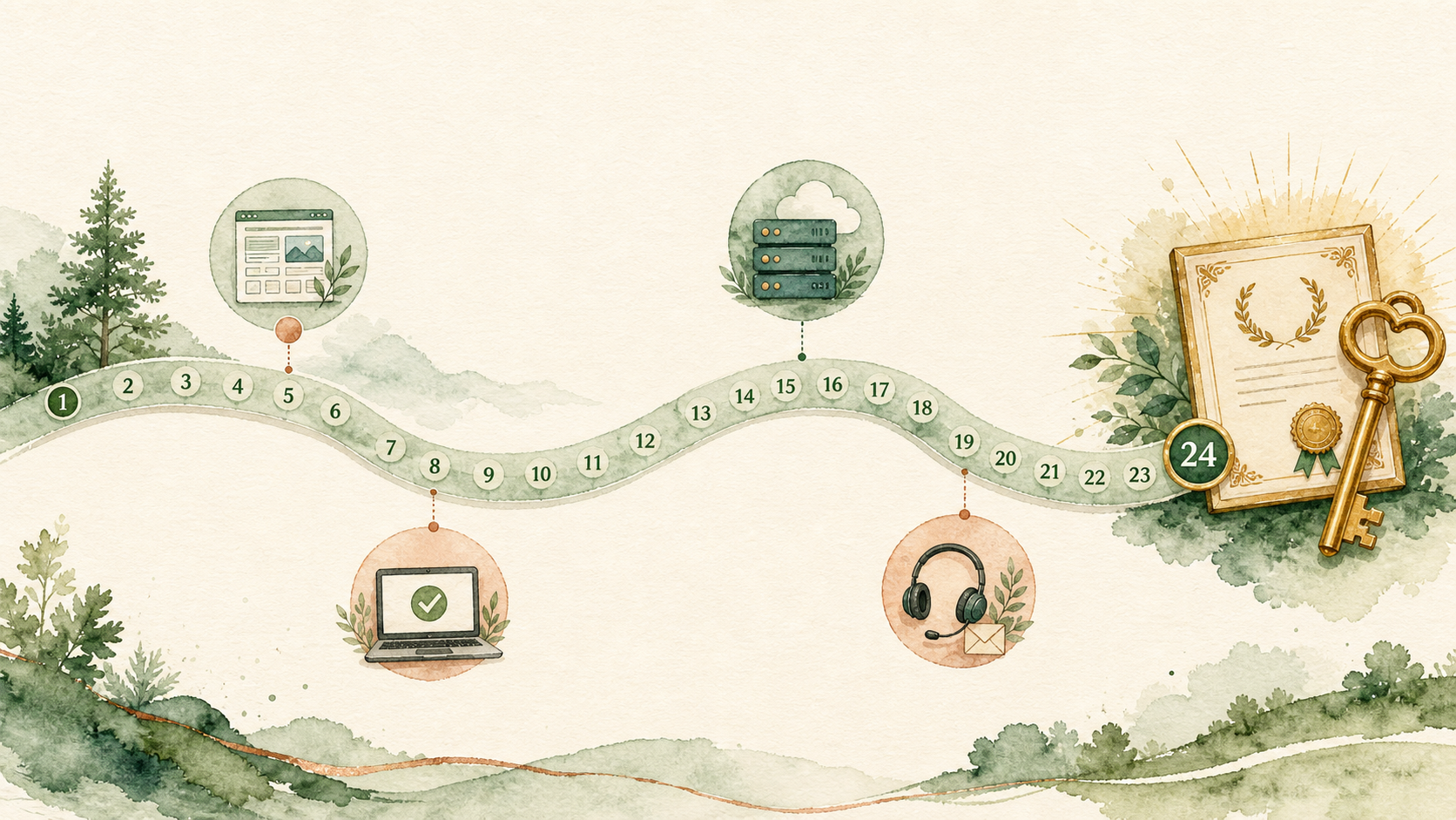24-month ownership milestone timeline — months 1–24, then split into care-rate path or refresh path