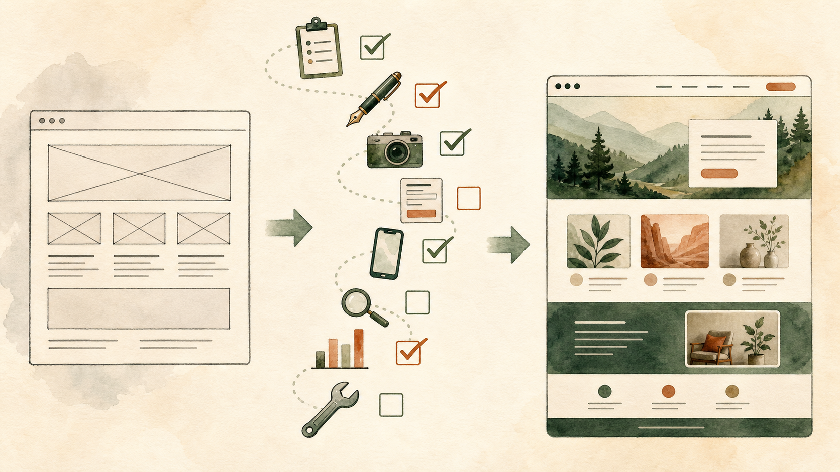 Template-to-finished-site checklist — strategy, copy, photos, forms, mobile, SEO, analytics, updates