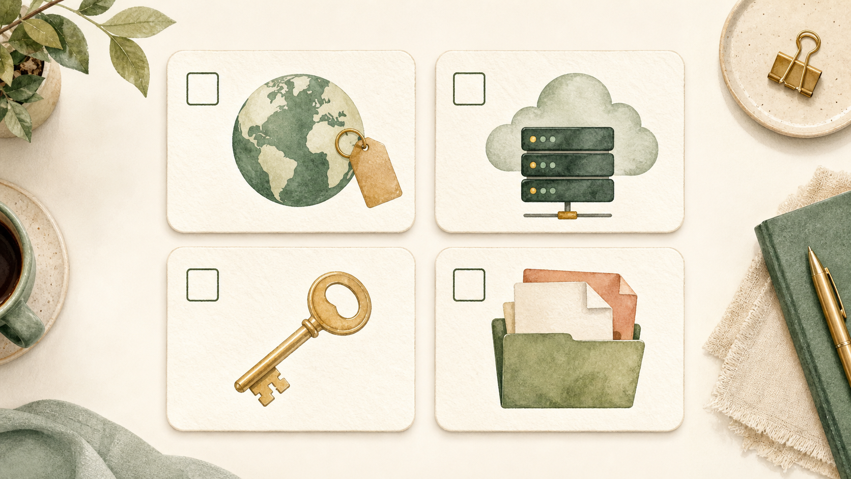 Emergency checklist with four cards: domain ownership, hosting access, admin credentials, and content files