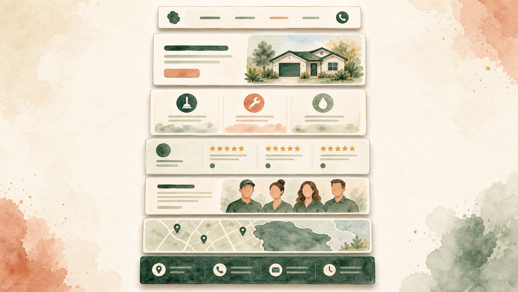 Anatomy diagram of an effective service-business homepage showing key sections from hero to final CTA