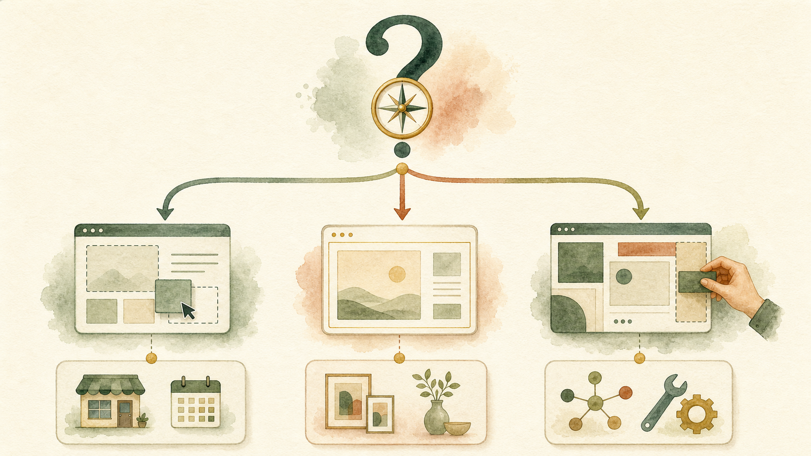 Decision tree flowchart for choosing between Wix, Squarespace, and custom website builds