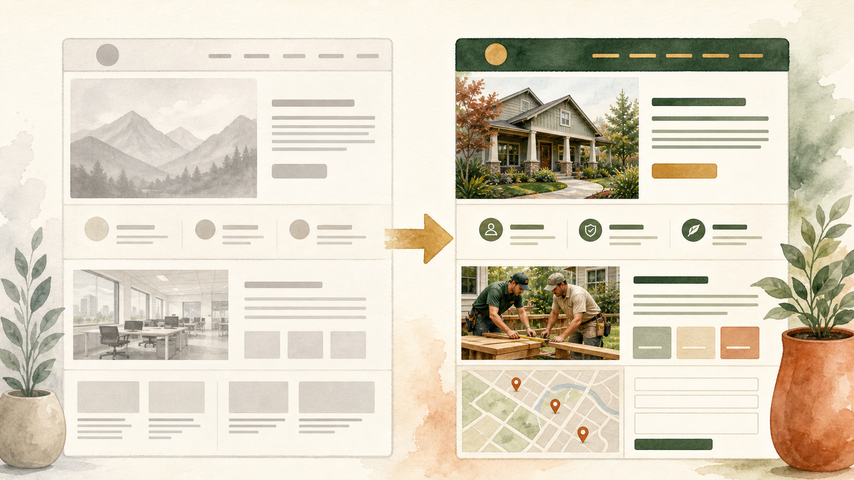 Side-by-side comparison of template demo content versus real business content showing the gap