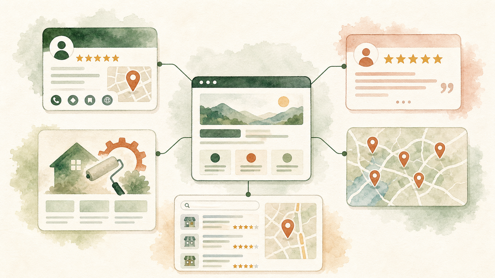 Diagram of local SEO signals showing how website, Google Business Profile, reviews, and service pages connect
