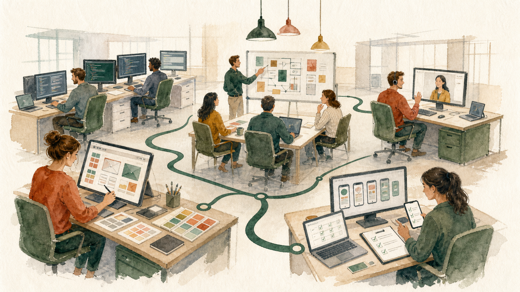 Watercolor illustration of a multi-person agency team with specialized roles working together
