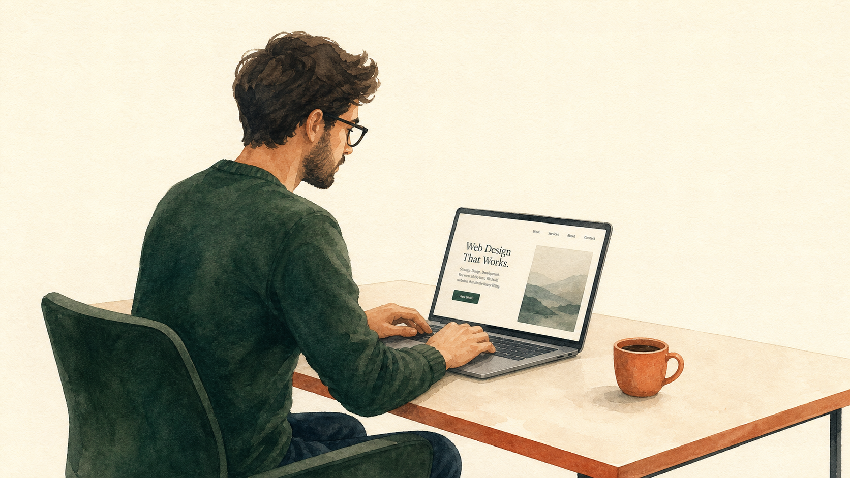 Watercolor illustration of a solo freelancer working at a clean minimal desk with a laptop