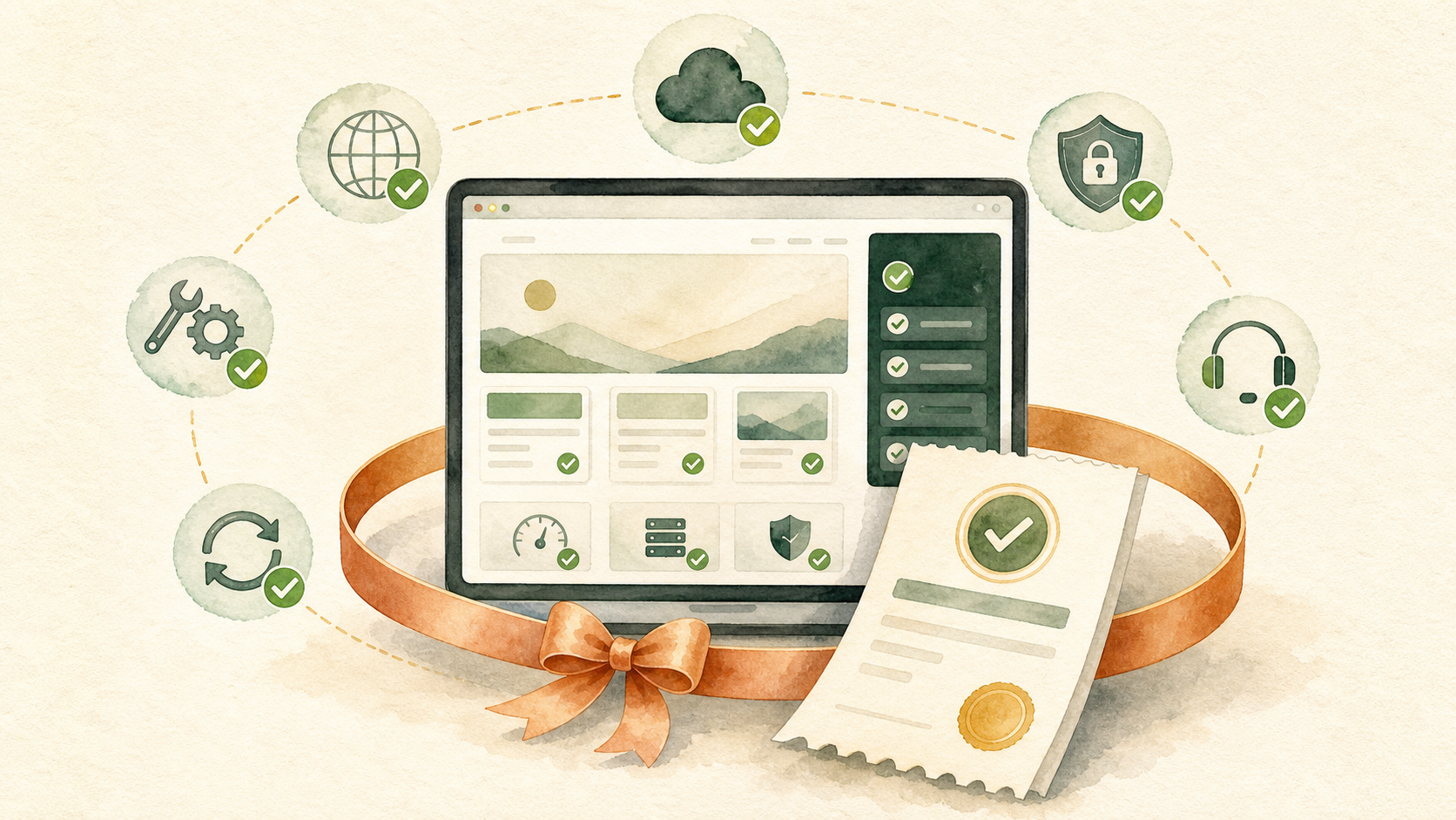 Watercolor illustration showing Evident's subscription model — one monthly price covering design, build, hosting, and maintenance