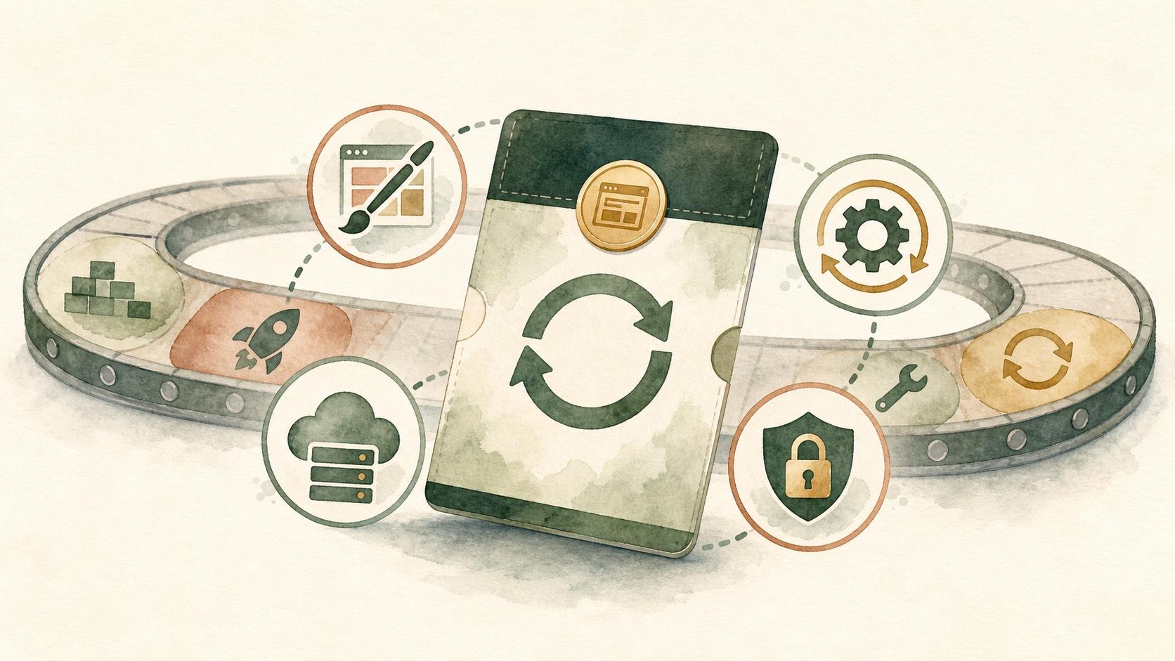 Watercolor illustration of an ongoing managed subscription partnership with recurring monthly care