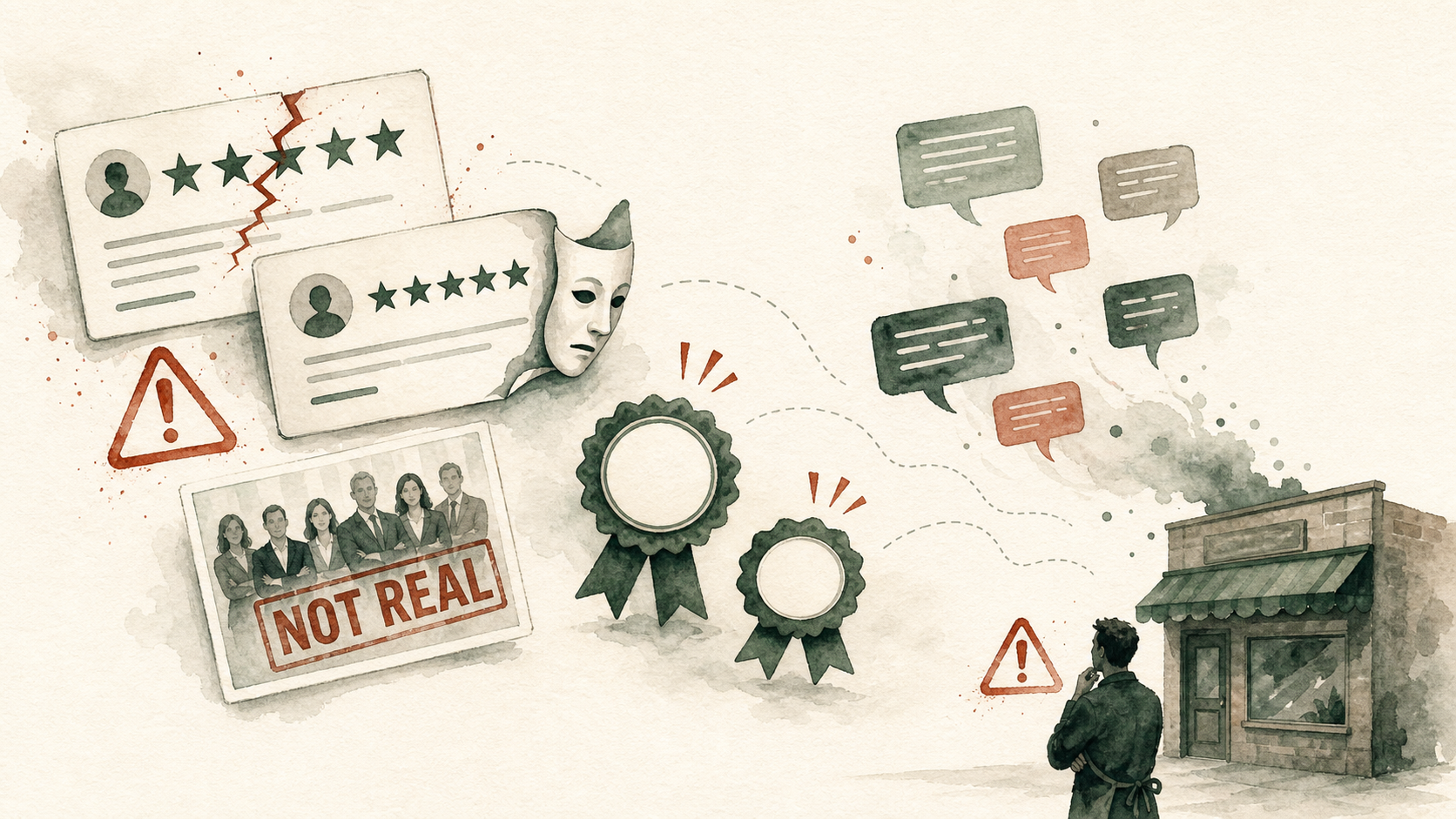 Cautionary illustration showing trust signals that can hurt credibility — fake reviews, stock photos, meaningless badges