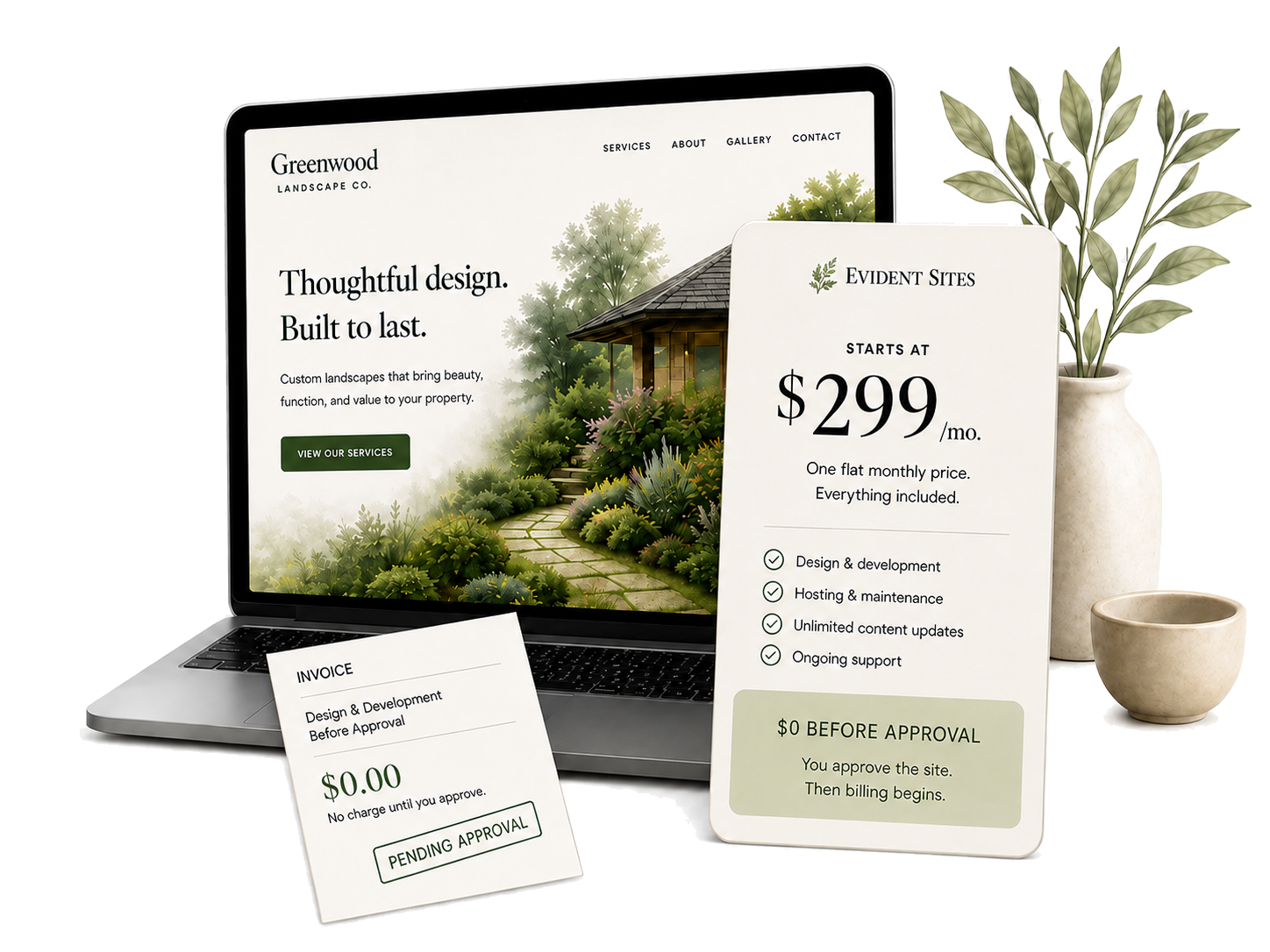 Laptop showing a landscaped business website next to an Evident Sites pricing card and a $0 invoice