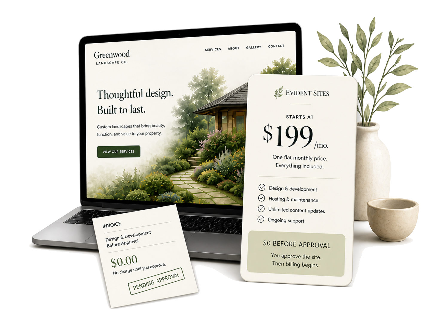 Laptop showing a landscaped business website next to an Evident Sites pricing card and a $0 invoice