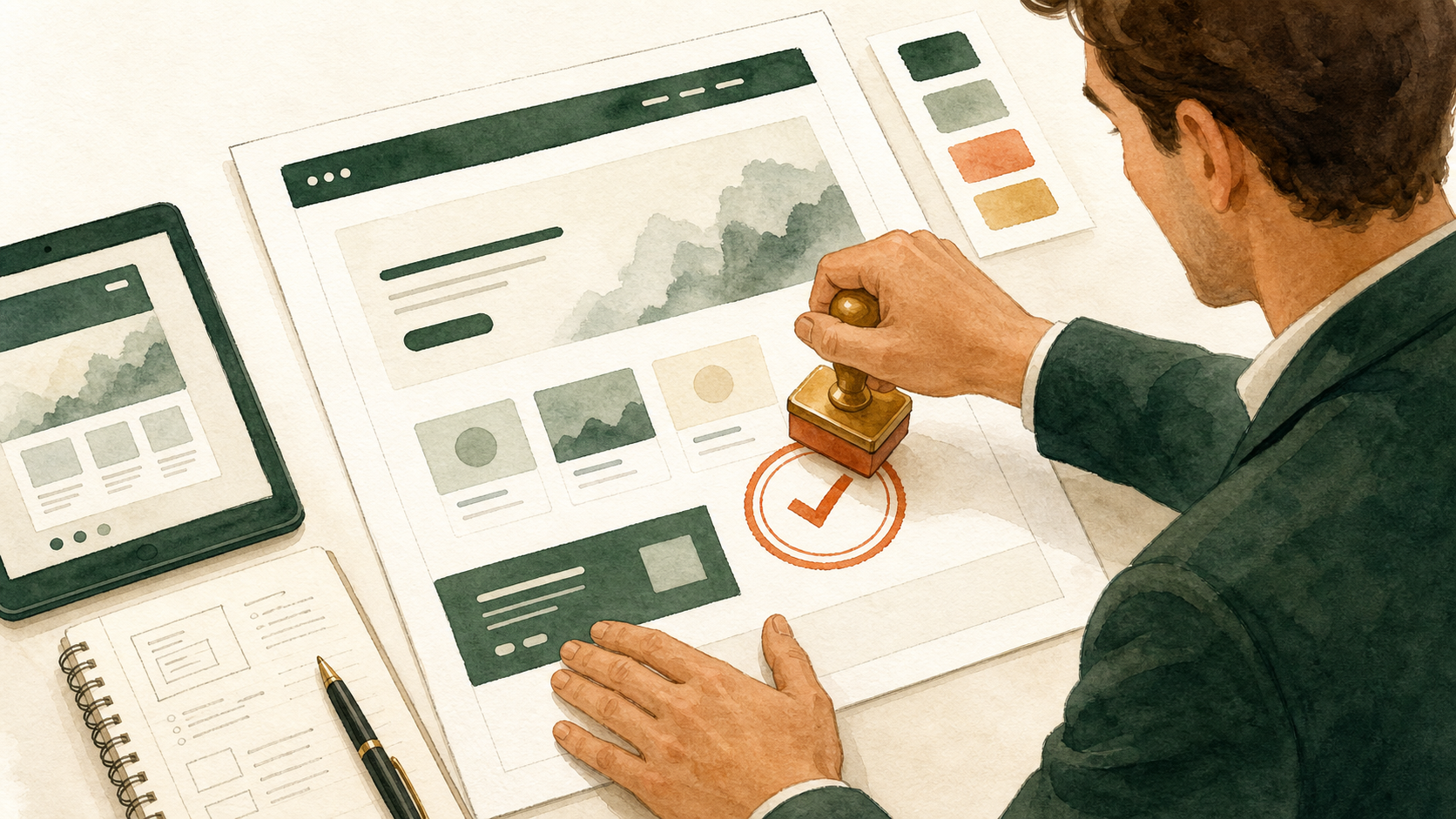 Watercolor illustration of an approval checkmark on a document